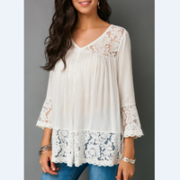Button Up Lace Patchwork White Blouse - Thumbnail 1