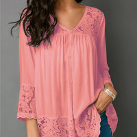 Button Up Lace Patchwork White Blouse - Thumbnail 2