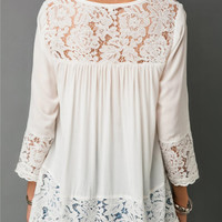 Button Up Lace Patchwork White Blouse - Thumbnail 4