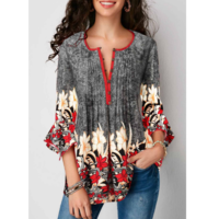 Printed Button Up Pleated Three Quarter Sleeve Blouse - Thumbnail 1