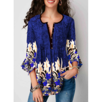 Printed Button Up Pleated Three Quarter Sleeve Blouse - Thumbnail 2