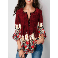 Printed Button Up Pleated Three Quarter Sleeve Blouse - Thumbnail 3