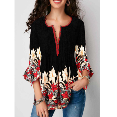 Printed button up pleated three quarter sleeve blouse