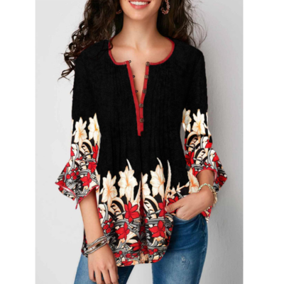 Printed Button Up Pleated Three Quarter Sleeve Blouse