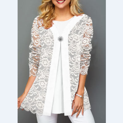 White Decorated Button Lace T Shirt