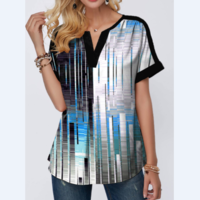 Curved Hem Split Neck Geometric Print Blouse - Thumbnail 1