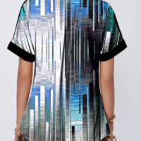 Curved Hem Split Neck Geometric Print Blouse - Thumbnail 2