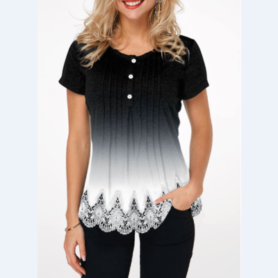 Gradient button detail lace hem t shirt