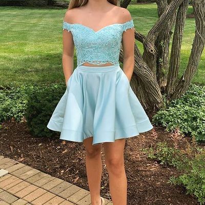 Sp1079,2 piece homecoming dress,blue homecoming dress,off the shoulder hoco dress