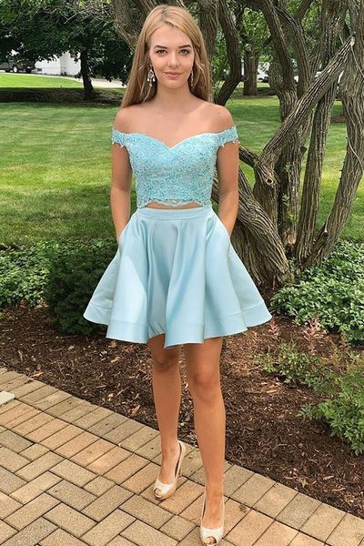 SP1079,2 piece homecoming dress,blue homecoming dress,off the shoulder hoco dress
