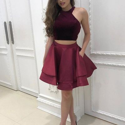 Sp1080,two pieces a-line burgundy short prom dress,halter homecoming dresses
