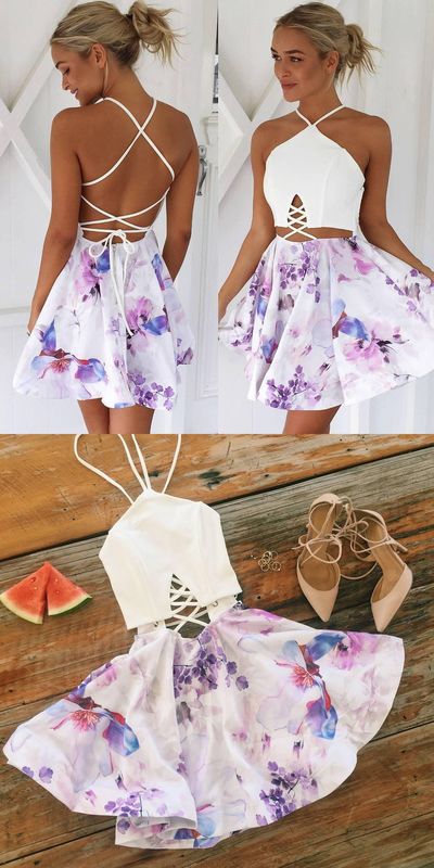 SP1083,Halter Backless Short White Openwork Floral Printed Dress