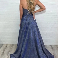 Unique High Slit Deep V Neck Sparkly Halter Prom Dresses Spaghetti Straps Formal Dresses - Thumbnail 1