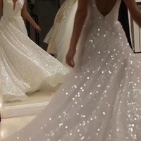 Shiny Sequins V Neck Backless Straps Wedding Dresses, Sparkly Beach Bridal Dresses - Thumbnail 1