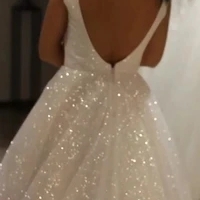 Shiny Sequins V Neck Backless Straps Wedding Dresses, Sparkly Beach Bridal Dresses - Thumbnail 2