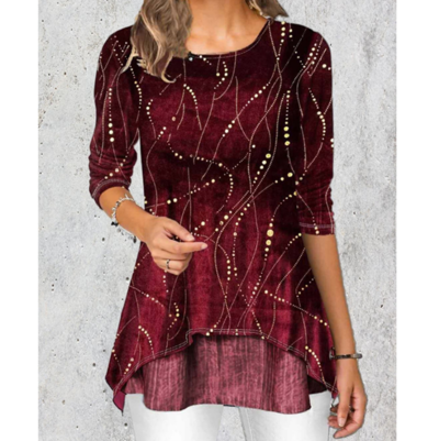 Round Neck Red Long Sleeve Velvet T Shirt