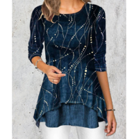 Round Neck Red Long Sleeve Velvet T Shirt - Thumbnail 1