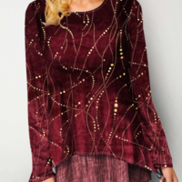 Round Neck Red Long Sleeve Velvet T Shirt - Thumbnail 3