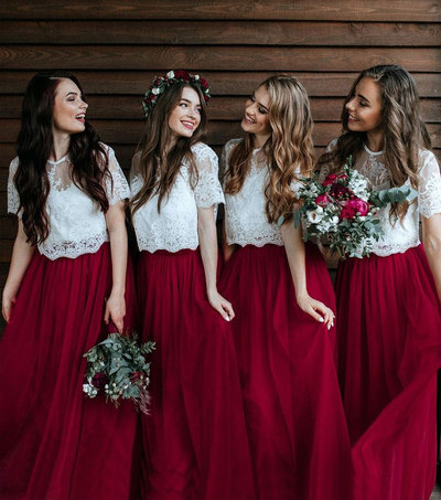 Bohemian A Line Two Piece Short Sleeves Lace Bridesmaid Dresses