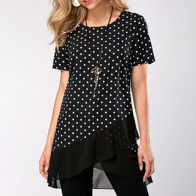 Asymmetric hem polka dot print short sleeve blouse