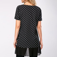 Asymmetric Hem Polka Dot Print Short Sleeve Blouse - Thumbnail 1