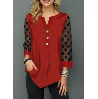 Asymmetric Hem Button Detail Lace Panel Blouse