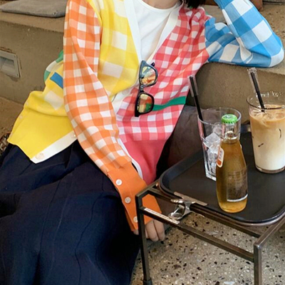 Color block patchwork checker knit cardigan