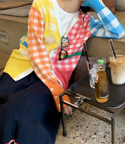 Color Block Patchwork Checker Knit Cardigan
