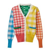 Color Block Patchwork Checker Knit Cardigan - Thumbnail 4