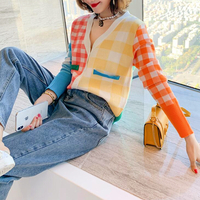 Color Block Patchwork Checker Knit Cardigan - Thumbnail 6