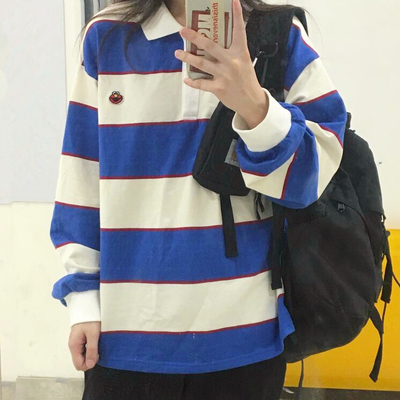 Sesame Street Blue White Color Block Stripe Polo Shirt