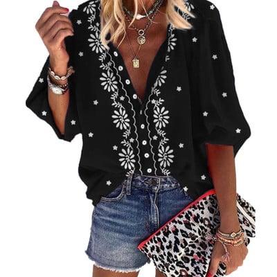 Loose printed long-sleeved button cardigan shirt