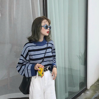 Vintage High Neck Navy Blue Stripe Knitted Sweater - Thumbnail 2