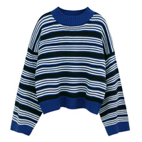 Vintage High Neck Navy Blue Stripe Knitted Sweater - Thumbnail 4