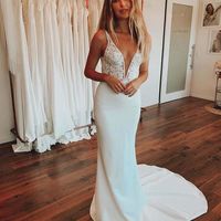 Chic Mermaid V Neck White Satin Long Wedding Dresses with Appliques - Thumbnail 1