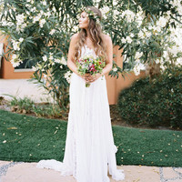 Bohemian Sheath V Neck Spaghetti Straps White Lace Long Wedding Dresses with Split - Thumbnail 1