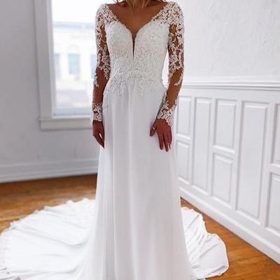 Elegant a line v neck long sleeves white chiffon long wedding dresses with beading - Thumbnail 2