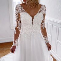 Elegant A Line V Neck Long Sleeves White Chiffon Long Wedding Dresses with Beading - Thumbnail 1