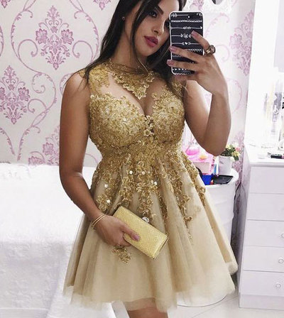 Cute A Line Round Neck Open Back Gold Appliques Homecoming Dresses with Beading