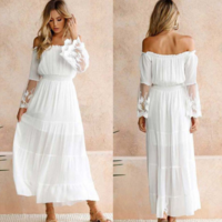 White Off Shoulder Long Boho Dress - Thumbnail 2