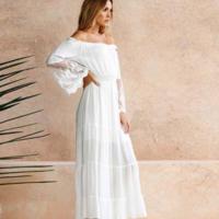 White Off Shoulder Long Boho Dress - Thumbnail 3