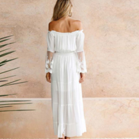 White Off Shoulder Long Boho Dress - Thumbnail 4