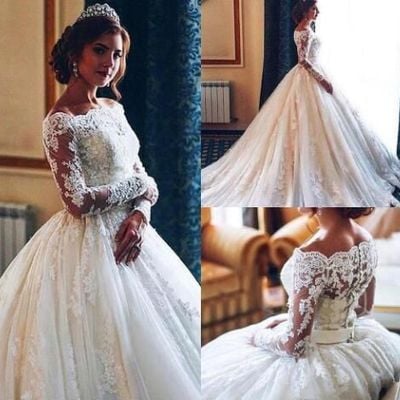 Bateau ball gown wedding dresses bridal gown with full sleeves - Thumbnail 5