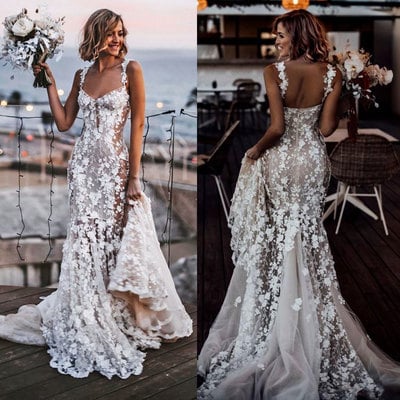 Straps wedding dresses bridal gown with 3d flowers - Thumbnail 3