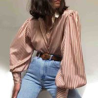 Retro Striped Long Sleeve Loose Shirt - Thumbnail 1