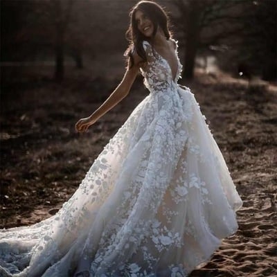 Deep v neck wedding dresses bridal gown with appliques lace - Thumbnail 3