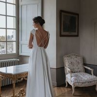 Vintage A-Line V Neck Cap Sleeve Cross Back Satin Wedding Dresses - Thumbnail 1