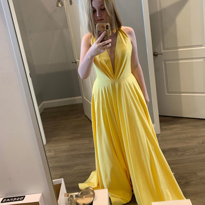 Halter yellow v neck prom dresses for women - Thumbnail 4