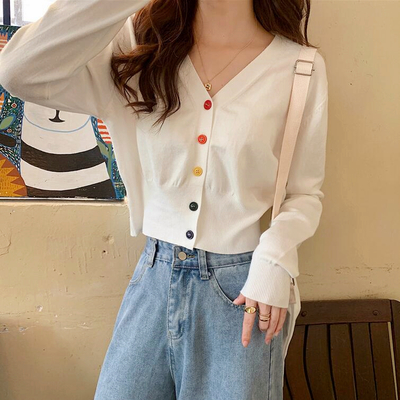 Chic v-neck colorful buttons knit cardigan sweater