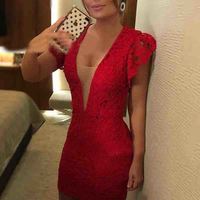 Solid Color Lace Splicing V-Neck Dress - Thumbnail 1